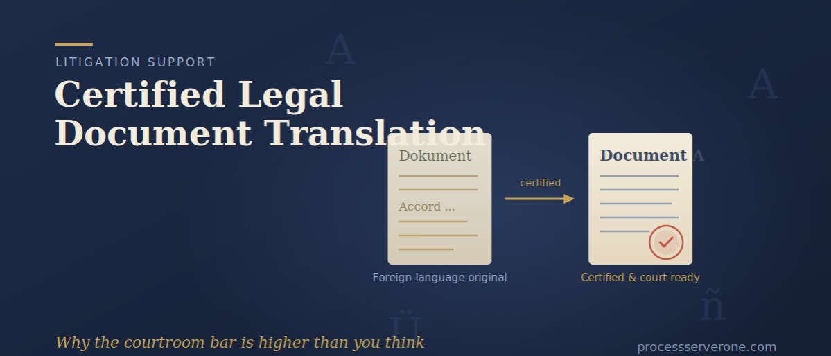 Translator preparing certified legal document translation with a certificate of accuracy stamp