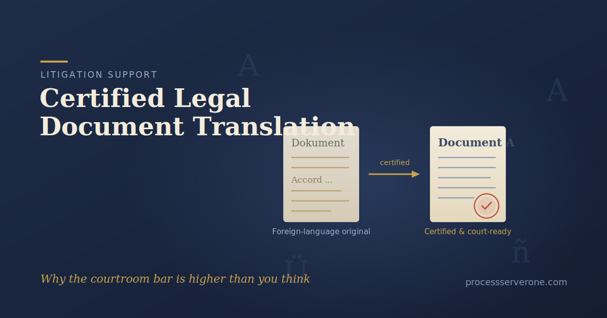 Translator preparing certified legal document translation with a certificate of accuracy stamp