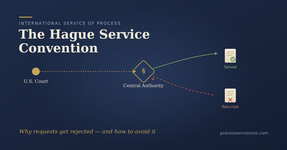 Attorney reviewing Hague Service Convention paperwork and USM-94 form for international service