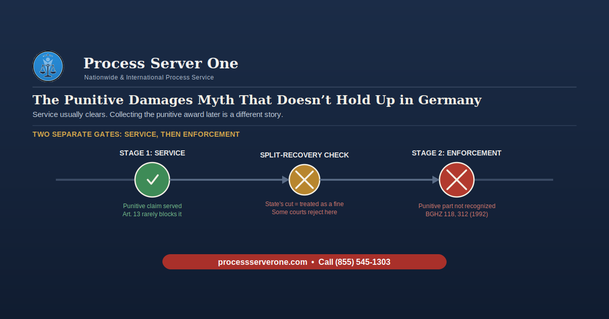 Process server preparing Hague service in Germany for a case involving punitive damages