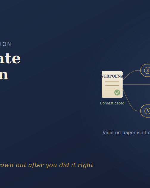 Attorney preparing an out-of-state deposition subpoena with a witness-fee check and deposition notice