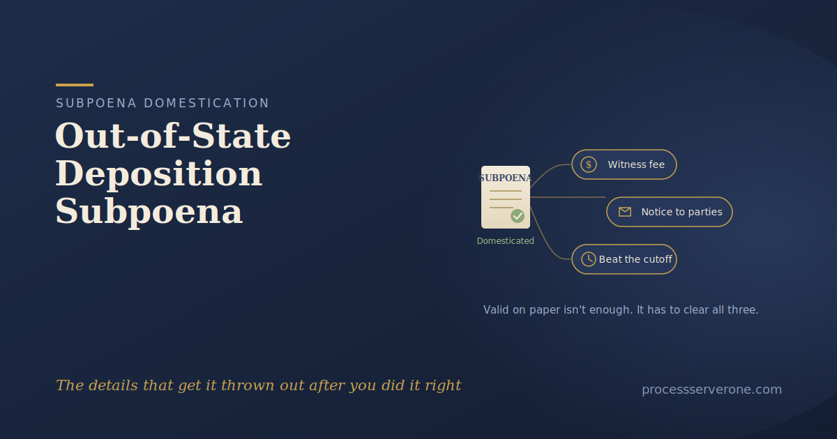 Attorney preparing an out-of-state deposition subpoena with a witness-fee check and deposition notice