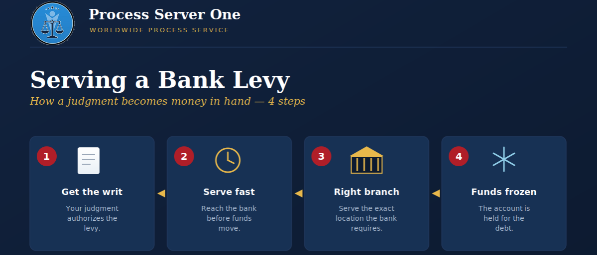 Serving a bank levy infographic by Process Server One showing the four steps from writ to frozen account