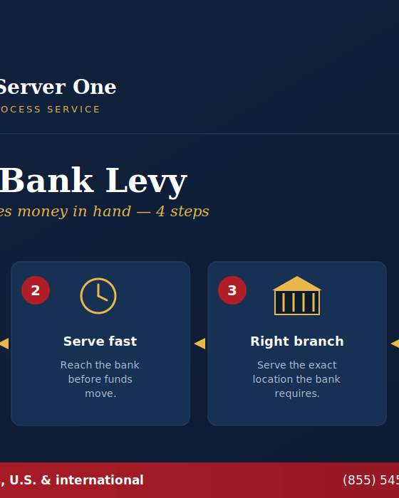 Serving a bank levy infographic by Process Server One showing the four steps from writ to frozen account