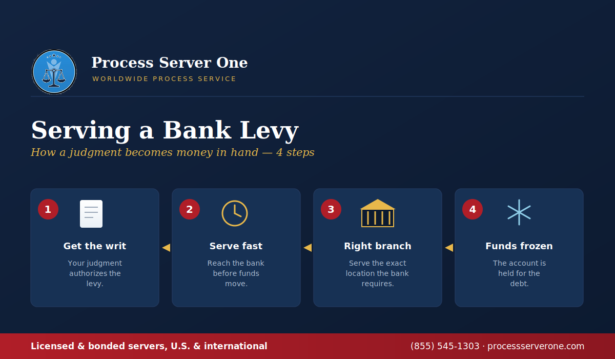 Serving a bank levy infographic by Process Server One showing the four steps from writ to frozen account