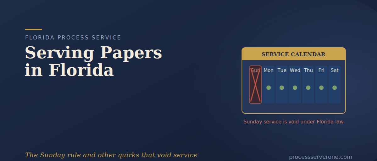 serving-papers-in-florida-featured Certified process server serving papers in Florida outside a county courthouse with a calendar marked no Sunday