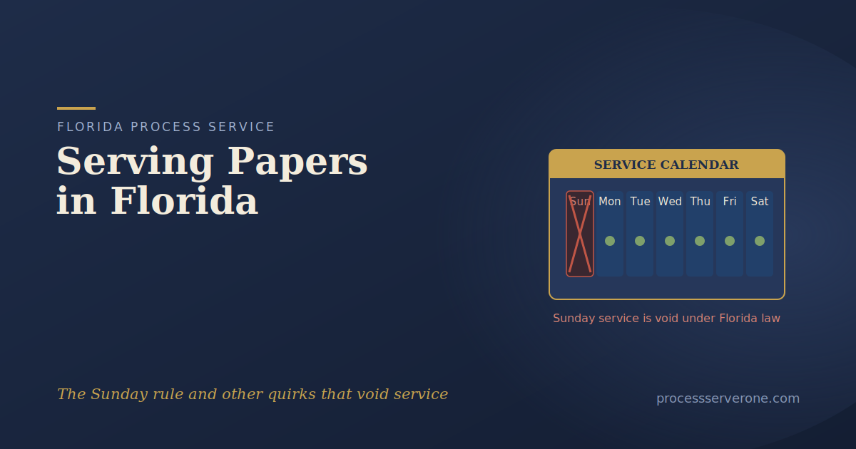 Certified process server serving papers in Florida outside a county courthouse with a calendar marked no Sunday