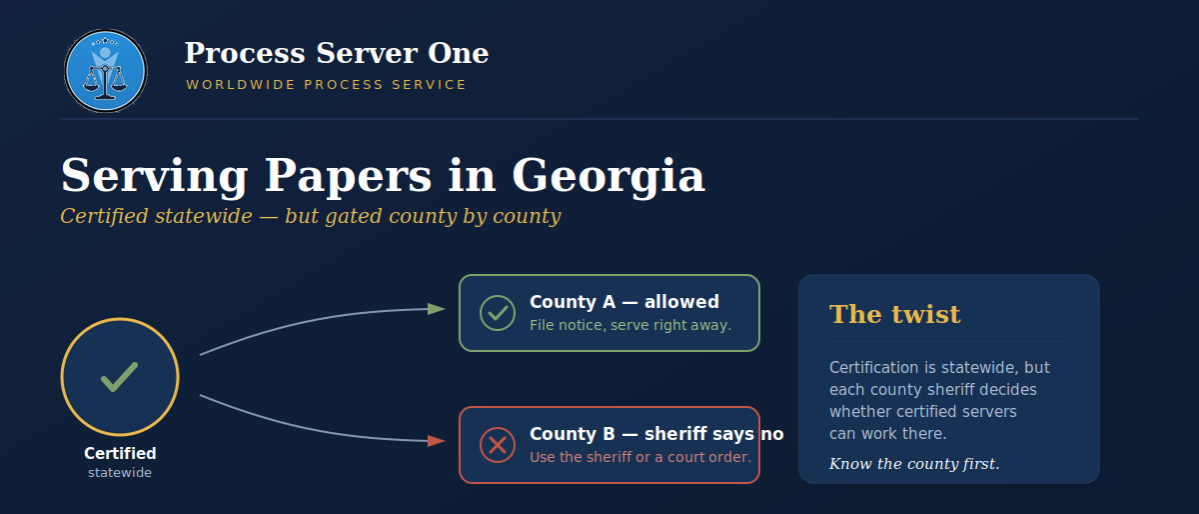 Process server serving papers in Georgia outside a county courthouse