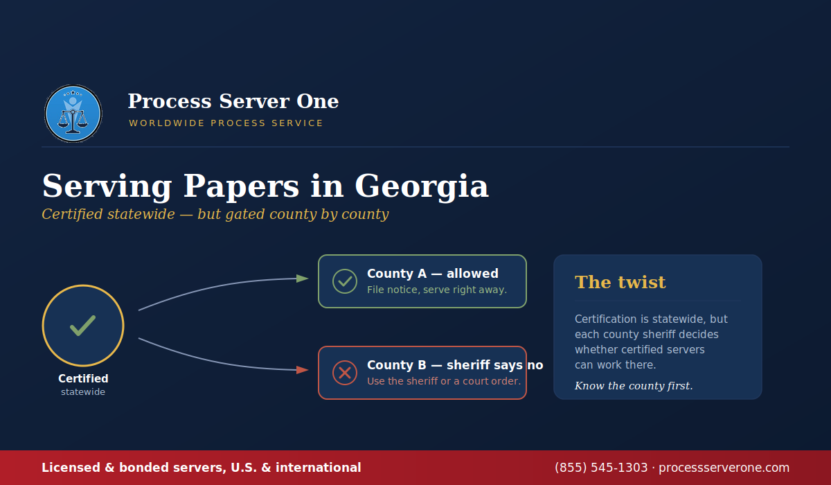Process server serving papers in Georgia outside a county courthouse