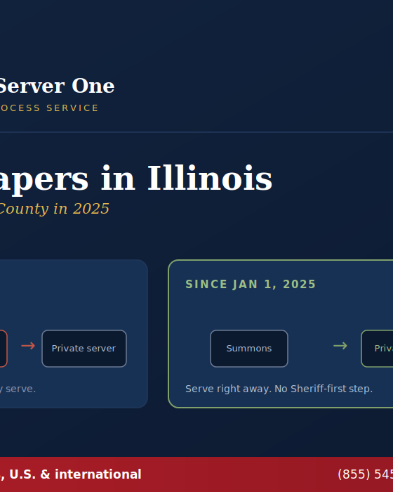 Process server serving papers in Illinois outside the Cook County courthouse in Chicago
