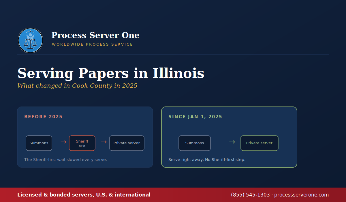 Process server serving papers in Illinois outside the Cook County courthouse in Chicago