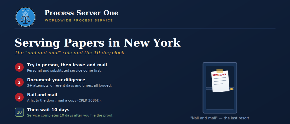 serving-papers-in-new-york-branded1 Process server serving papers in New York affixing a summons to an apartment door in NYC