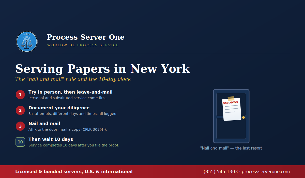 Process server serving papers in New York affixing a summons to an apartment door in NYC