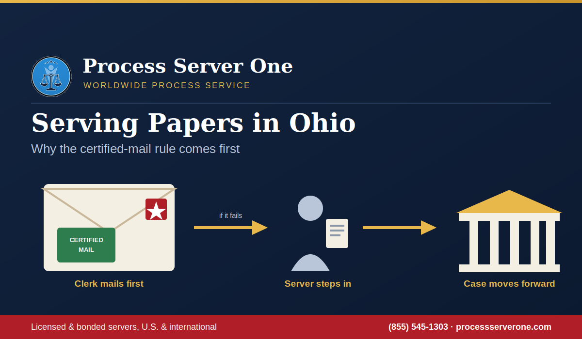 Process server serving papers in Ohio outside a county courthouse