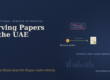 Process server serving papers in the UAE, hand-delivering legal documents near the Abu Dhabi skyline