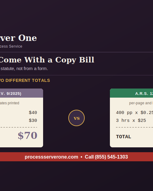 Records box with an invoice attached, showing the 25 cent per page and 25 dollar per hour Arizona subpoena costs