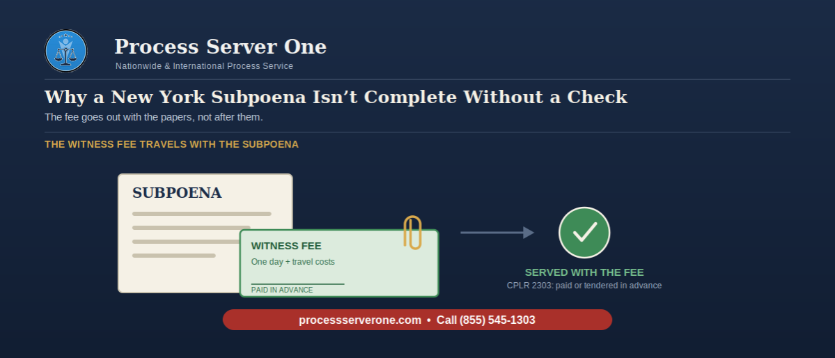 new-york-witness-fee-subpoena-branded Process server handing a subpoena and a witness fee check to a witness, illustrating the New York witness fee