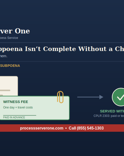 Process server handing a subpoena and a witness fee check to a witness, illustrating the New York witness fee