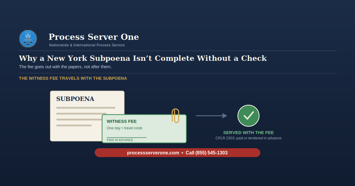 Process server handing a subpoena and a witness fee check to a witness, illustrating the New York witness fee