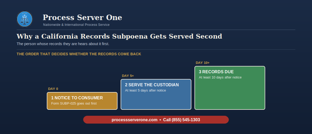 Process server preparing to serve a subpoena in California with a notice to consumer form