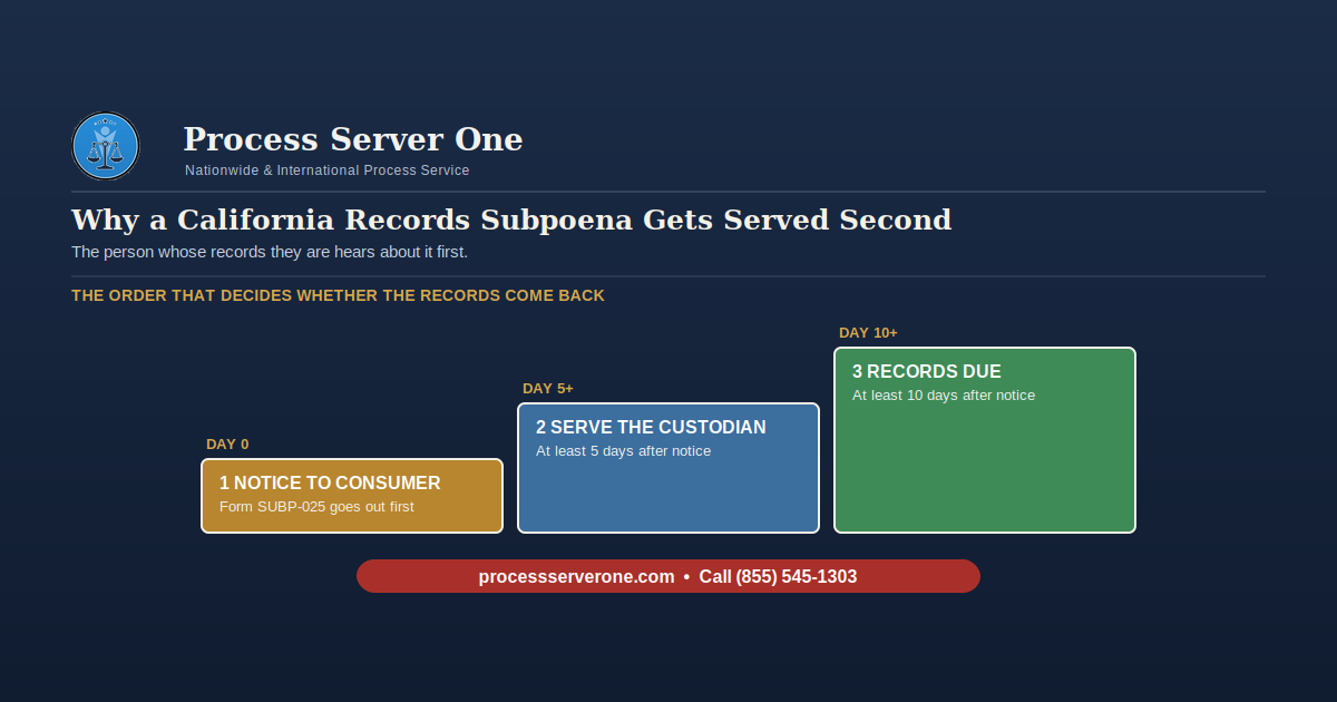 Process server preparing to serve a subpoena in California with a notice to consumer form